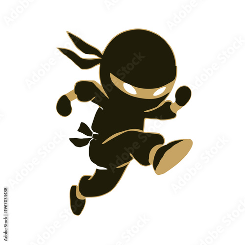 Ninja Running Attack + Black Silhouette - Stealth Cartoon Character, Powerful Action, Mascot Design, Comic Style, Game Asset, Vector Illustration, Isolated on White, Decorative Outline