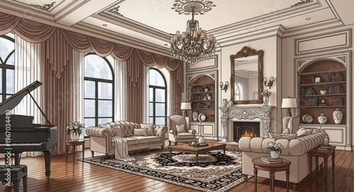 Elegant living room with grand piano and ornate fireplace.