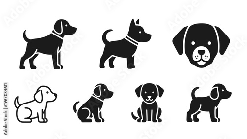 Collection of Various Dog Breed Icons in Black and White Silhouette Style for Design Projects