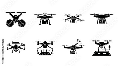 Collection of various drone icons in black and white minimalistic style for aviation and