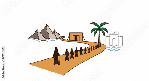 Figures journey on a path towards a stylized city