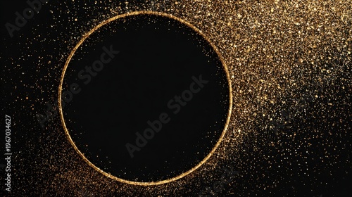 Glittering gold circle on black background with sparkling particles