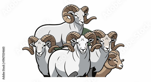 A group of rams with large, curved horns are depicted
