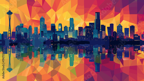 Abstract geometric cityscape with reflection and colorful background