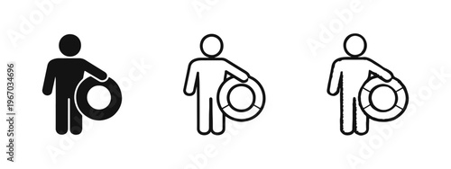 Person holding lifebuoy icon set. Lifeguard, safety, and rescue at sea symbols.