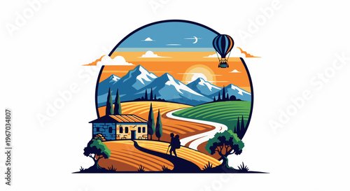 A person hikes through rolling fields toward a house with mountains afar