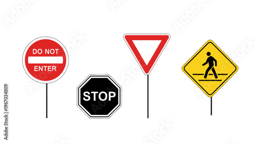 Collection of Various Road Signs Including Do Not Enter Stopyield and Pedestrian Crossing Symbols