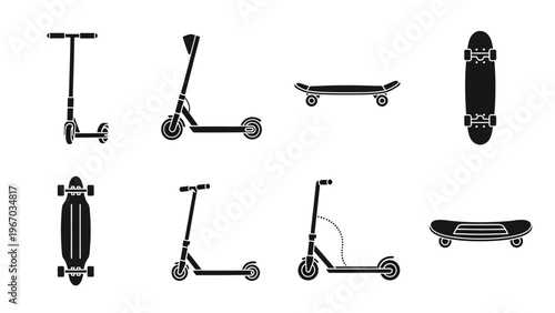 Collection of various scooter and skateboard silhouettes in black and white illustration