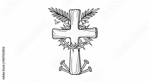 A religious cross adorned with a crown of thorns, palm branches, and nails