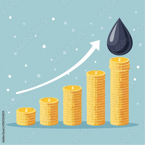 Graphic illustration showing an upward trend of stacked gold coins with a black oil drop on top, symbolizing rising oil prices and financial growth.