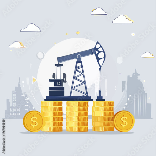 Oil pumpjack on stacks of gold coins representing petroleum industry finance and investment.