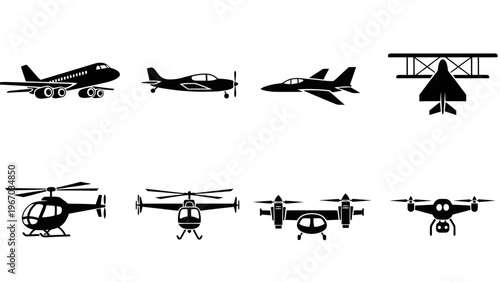 Collection of Various Military and Commercial Aircraft Silhouettes in Black and White