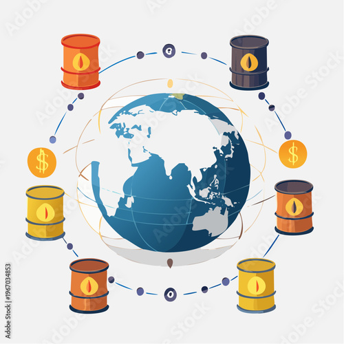 Global Oil Industry Concept with World Map and Oil Barrels Illustration, Energy Economy and Petroleum Trade Vector