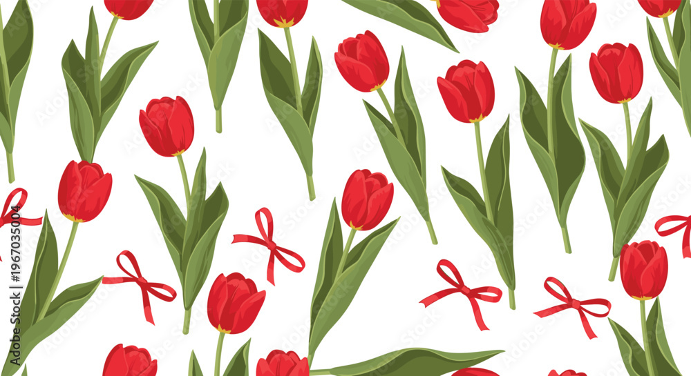 Obraz premium Festive seamless pattern with bright red tulips on green stems and decorative red ribbons scattered over a white background.