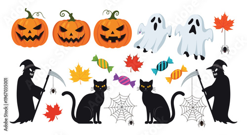 Comprehensive set of Halloween vector elements including jack o lanterns, ghosts, grim reapers, black cats, and candy treats.