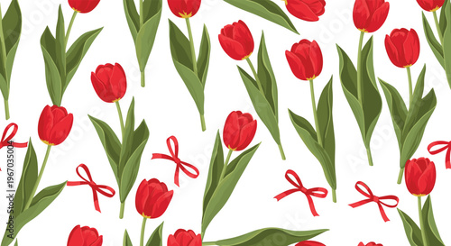 Festive seamless pattern with bright red tulips on green stems and decorative red ribbons scattered over a white background.
