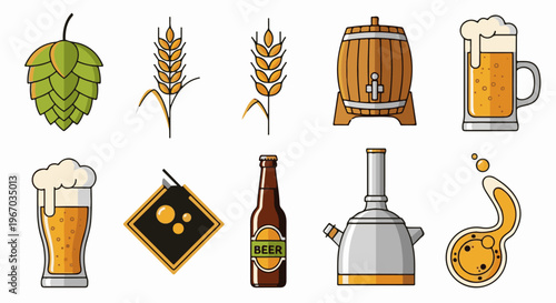 Collection of beer-related illustrations, including ingredients, brewing equipment, and drinks