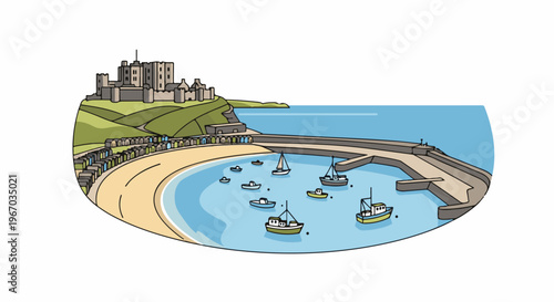 Coastal town with a castle on a hill, a beach, and boats in a harbor