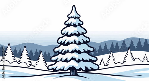 A stylized winter landscape with a prominent snow-covered evergreen tree
