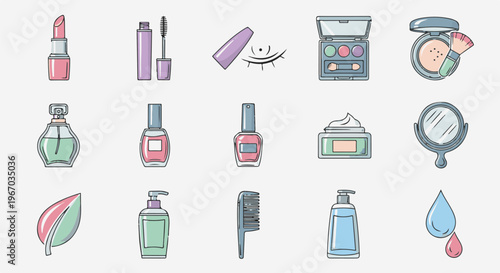 Collection of colorful, cartoon-style cosmetic and personal care items