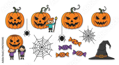 Fun collection of Halloween stickers featuring pumpkins, costumed children, spiders, webs, candy, and a witchs hat.