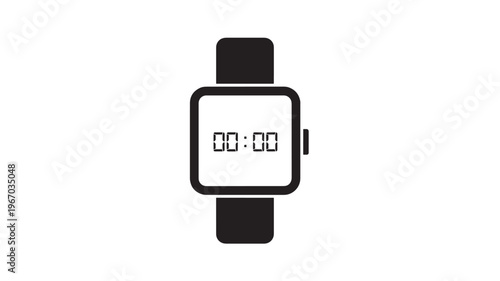 Smartwatch digital display showing zero time with a black band and square screen, isolated on white background