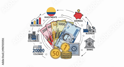 Financial cycle with investments, savings, banks, business, and currency