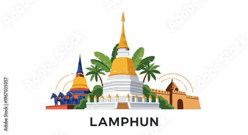 Colorful Buddhist temples and lush greenery in a vibrant cityscape