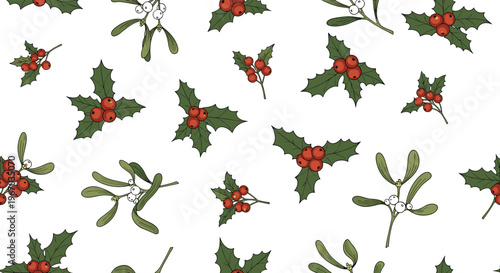 Winter holiday seamless pattern with sprigs of holly and mistletoe including red and white berries on a white background.