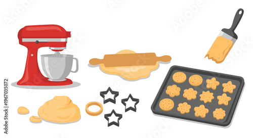 Kitchen baking set including a red stand mixer, rolling pin, cookie cutters, and a tray of freshly baked star cookies.