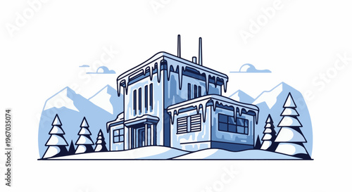 A winter scene depicts a snow-covered building with icicles hanging