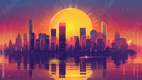 Cityscape silhouette with a vibrant sunset background over the water reflection