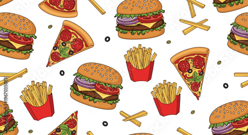 Fun and colorful seamless pattern of popular fast food items like burgers, pizza slices, and french fries on a white background.