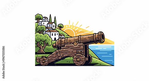 Old cannon guards a coastal village under a bright sunrise