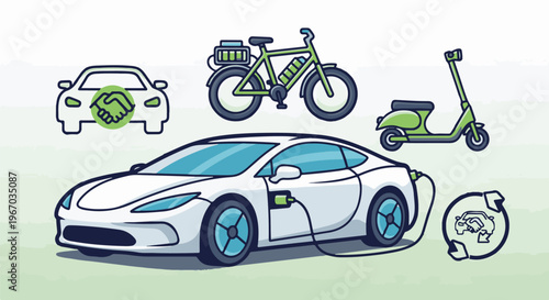 Multiple modes of electric transport, including a car charging, a bicycle, and a scooter