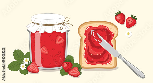 Delicious strawberry jam in glass jar and on toast with fresh berries and flowers illustration for breakfast themes.