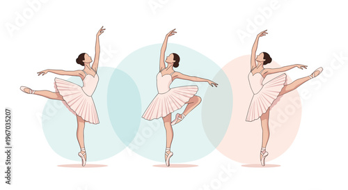 Graceful ballerinas performing classical ballet poses in white tutus isolated on decorative circular background shapes.