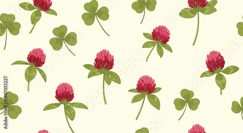 Red clover flower and green leaf seamless pattern on light background for natural textile or herbal medicine themes.