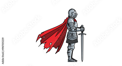 A cartoon knight in full silver armor with a tattered red cape stands in profile, holding a large sword on a white background.