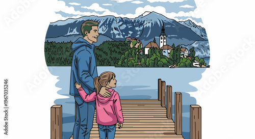Father and daughter on a pier gaze at a scenic lake with distant mountains and a village