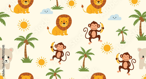Adorable jungle animal seamless pattern with lions monkeys and palm trees for kids nursery or playroom wallpaper.
