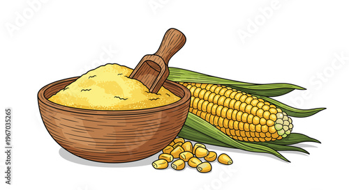 Golden cornmeal in wooden bowl with fresh corn on the cob and scoop illustration on white background for food design.