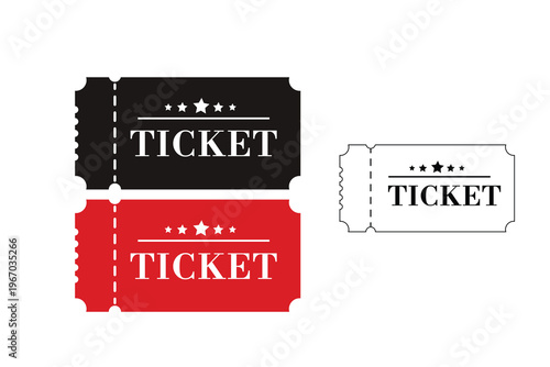Illustration of three movie tickets with stars, two colored in red and black, one in dashed lines, isolated on white background.