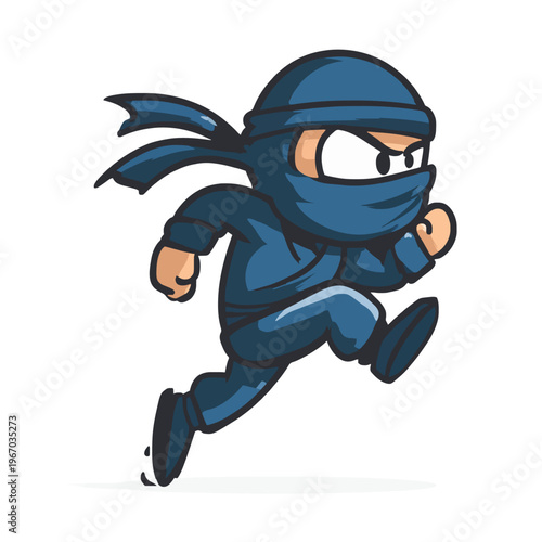Ninja Cartoon Running Fast - Blue Costume Character, Mascot Design, Isolated on White Background. Action, Speed, Stealth, Comic, Fun, Sport, Vector Illustration Art.
