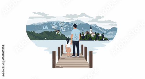 Father and daughter on a pier overlook a tranquil lake village