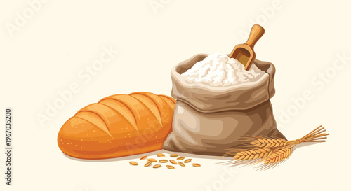 Freshly baked bread loaf and sack of white flour with wheat ears illustration on beige background for bakery ads.