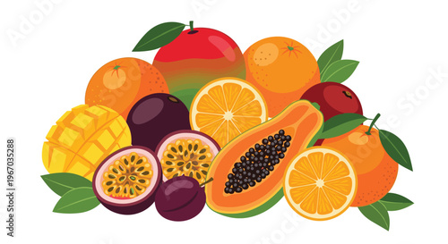 Colorful tropical fruit collection including mango papaya passion fruit and oranges isolated on white background.