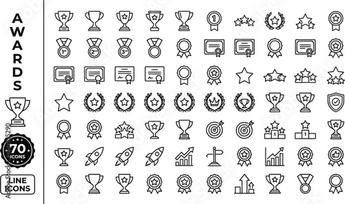 A collection of black line icons depicting various awards and recognition symbols on a white background Ai, eps, jpg, transparent background, eps