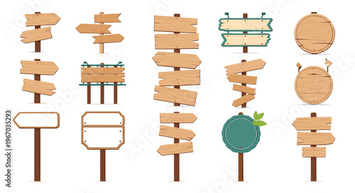 Collection of various blank wooden signs and signboards isolated on white background for messages or direction.