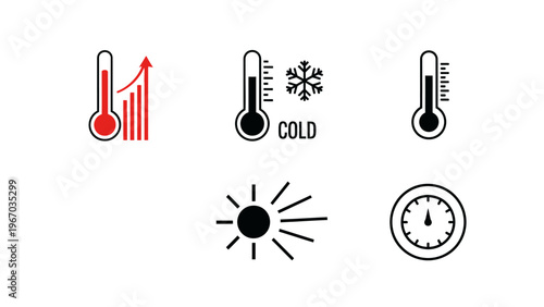 Collection of weather and temperature icons depicting hot cold and time indicators